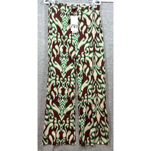 Zara Women's XS Ikat Print Pants Green Brown  Cotton Casual Comfort